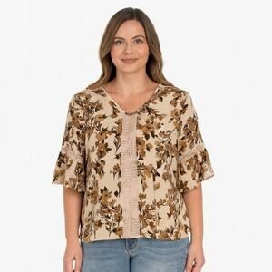 Isaac Mizrahi Floral Bell Sleeve Blouse with Lace Trim - Beige Size Medium, NWT